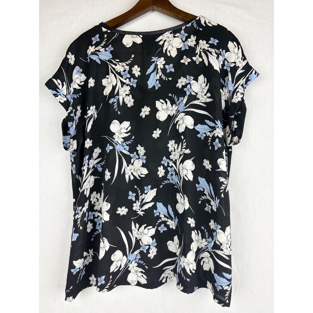 Worthington Black Floral V-Neck Short Sleeve Blouse XL Blue White Flower Print - Picture 5 of 13